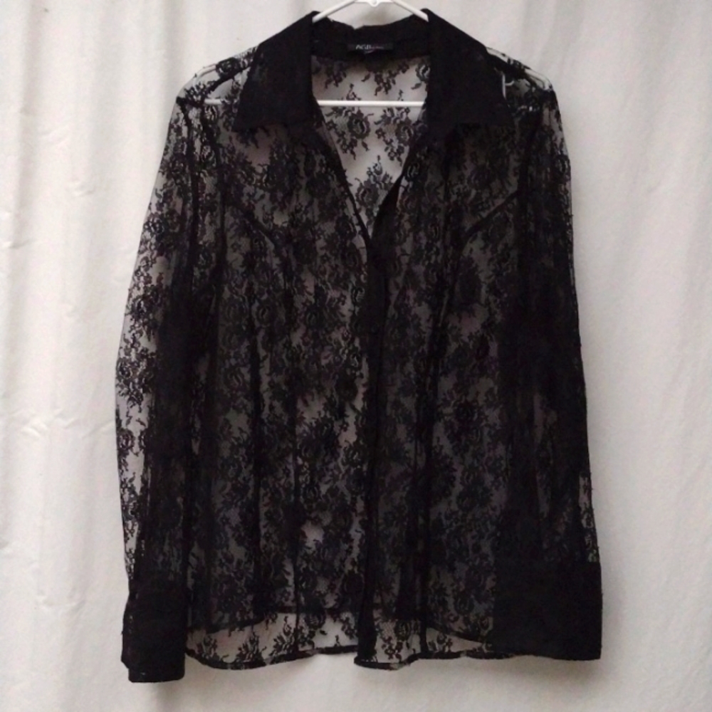 AGB Woman Sheer Black Floral Lace Blouse Women's 2X-3X Whimsigoth
